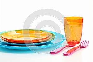 Bright plastic tableware isolated on white background. Generate Ai