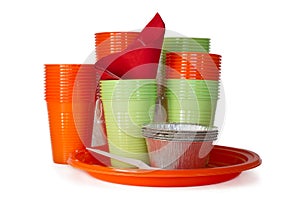 Bright plastic tableware isolated on white