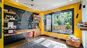 Bright and Playful A vibrant yellow chalkboard wall fills the study with energy and playfulness. The smooth surface photo