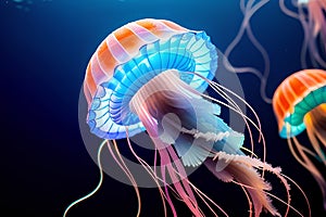 bright poisonous jellyfish swim in blue water, background, closeup, Generative AI