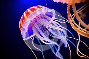 bright poisonous jellyfish swim in blue water, underwater, background, closeup, Generative AI