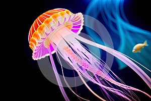 bright poisonous jellyfish swim in blue water, underwater world, background, closeup, Generative AI