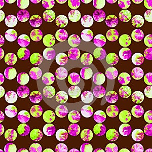 Bright polka dot abstract grunge colorful splashes texture watercolor seamless pattern design in emerald green, pink