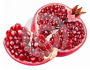 Bright Pomegranate Half with Red Seeds on White Background Close Up Isolated
