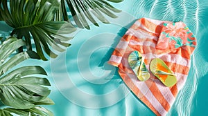 A bright pool setup with a vibrant towel, flip-flops, and tropical