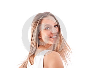 Bright portrait of happy girl over white