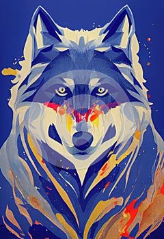 Bright portrait of a wolf in blue colors. Imitation of watercolor and acrylic. AI-generated