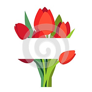 Bright positive vector floral frame with red tulip flowers isolated on white. Greeting card template, poster. Minimal