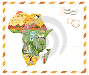 Bright postcard with map of Africa with famous destinations and animals