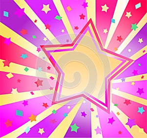 Bright poster disco party 70’s or 80’s style with red, pink, violet, lilac sunburst, confetti and gold star sign