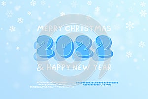 Bright poster Merry Christmas and Happy New Year. 3D cartoon numbers blue color and handwritten lettering. Horizontal