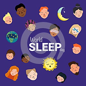 Bright poster for World Sleep Day with sleeping planet, sun, moon and heads of men, women and children