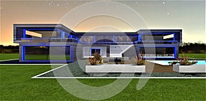 Bright predawn stars shine above an advanced countryside estate with a blue illuminated facade in the early morning. 3D rendering