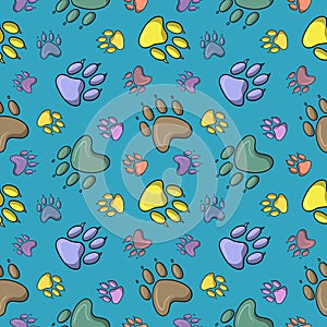 Bright print for children, Seamless square pattern , colorful paw prints of different animals, cartoon style