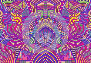 Bright psychedelic colorful background with many crazy geometric pattern.
