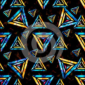 Bright psychedelic polygons on a black background abstract geometric seamless pattern