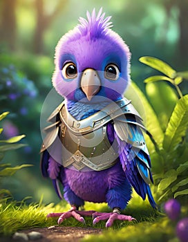 bright purple baby parrot, adorable big eyes, in Knight armor and helmet. AI Generative