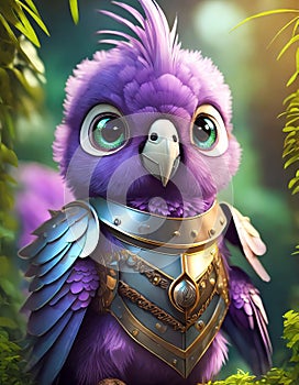 bright purple baby parrot, adorable big eyes, in Knight armor and helmet. AI Generative