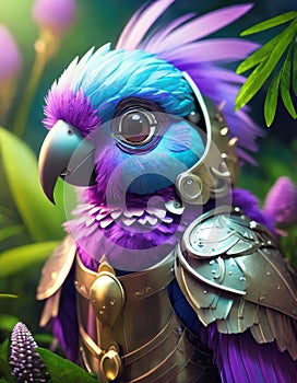 bright purple baby parrot, adorable big eyes, in Knight armor and helmet. AI Generative