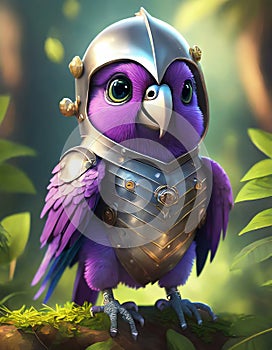 bright purple baby parrot, adorable big eyes, in Knight armor and helmet. AI Generative