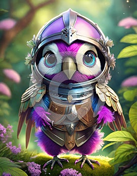 bright purple baby parrot, adorable big eyes, in Knight armor and helmet. AI Generative