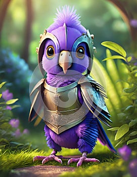 bright purple baby parrot, adorable big eyes, in Knight armor and helmet. AI Generative