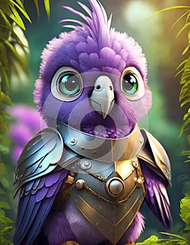 bright purple baby parrot, adorable big eyes, in Knight armor and helmet. AI Generative