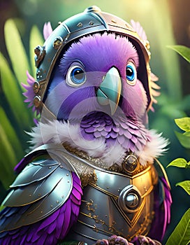 bright purple baby parrot, adorable big eyes, in Knight armor and helmet. AI Generative