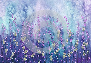 Bright purple and blue floral landscape. Flowering twigs with flowers and leaves on textured spotted background