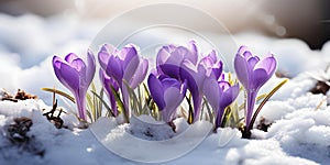 Bright purple crocuses peek through white snow foreshadowing springs imminent arrival. Concept Nature, Spring, Flowers, Seasons, photo