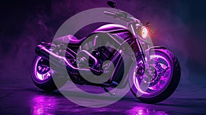Bright purple flames emanate from the exhaust pipes of this stealthy motorcycle giving it an ethereal aura as it speeds