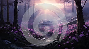 Bright Purple Flowers In Woods: Nightcore Style Painting With God Rays photo