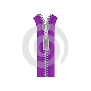 Bright purple metal zipper for clothes. Device used on garments and bags. Open zip fastener. Flat vector icon