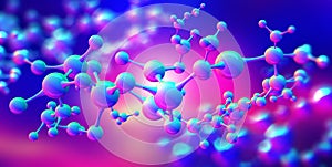 Bright, purple, neon. Science background with molecule. Abstract atomic structure for Science or medical background