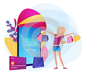 Bright purple vector illustration with smartphone and girl. Online shopping.