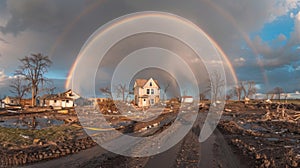 A bright rainbow appears in the sky bringing a glimmer of hope to the town as it begins to rebuild after the devastating