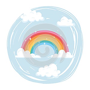 Bright rainbow with clouds sky weather cartoon