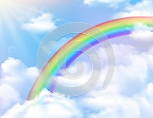 Bright rainbow sun sky and clouds realistic