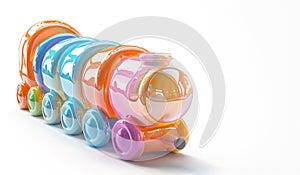 Bright rainbow toy train in 3d style. Copy space