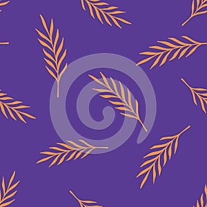 Bright random orange leaf branches seamless doodle pattern. Purple background. Abstract style print