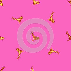 Bright random seamless pattern with orange colored giraffe shapes. Pink background. Doodle design