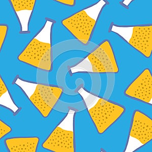 Bright random seamless pattern with yellow flask elements. Blue background. Education science print