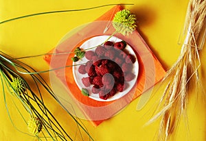 Bright raspberries on a yellow background