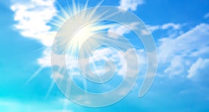 Bright realistic background with blue sky, clouds and sun.