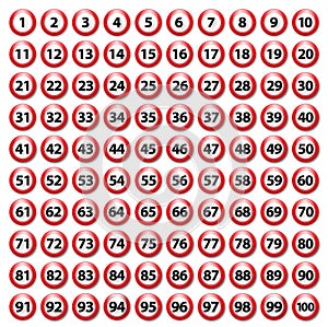 Bright red 1-100 lottery balls isolated, vector illustration