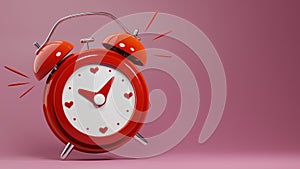 Bright red alarm clock ringing illustration. Time for love concept. Cartoon style 3d render