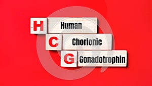 On a bright red background, wooden cubes and blocks with the text HCG Human Chorionic Gonadotrophin. Manufacturing of wooden toys