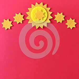 Bright Red Background Yellow Felt Stars Flat Lay