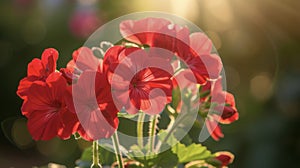 The bright red blooms of a geranium each one seeming to catch fire as the light pes through its translucent petals