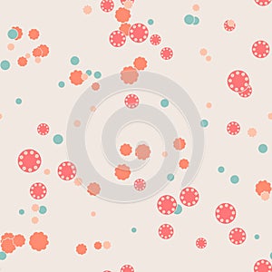 Bright red, blue, orange messy dots on beige background. Festive seamless pattern with round shapes.